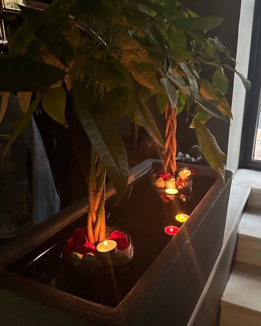 Candlelit water feature with rose petals